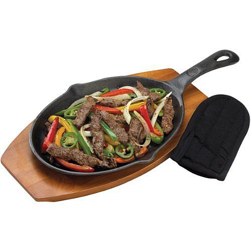 Cast Iron Fajita Pan Skillet With Hardwood Base